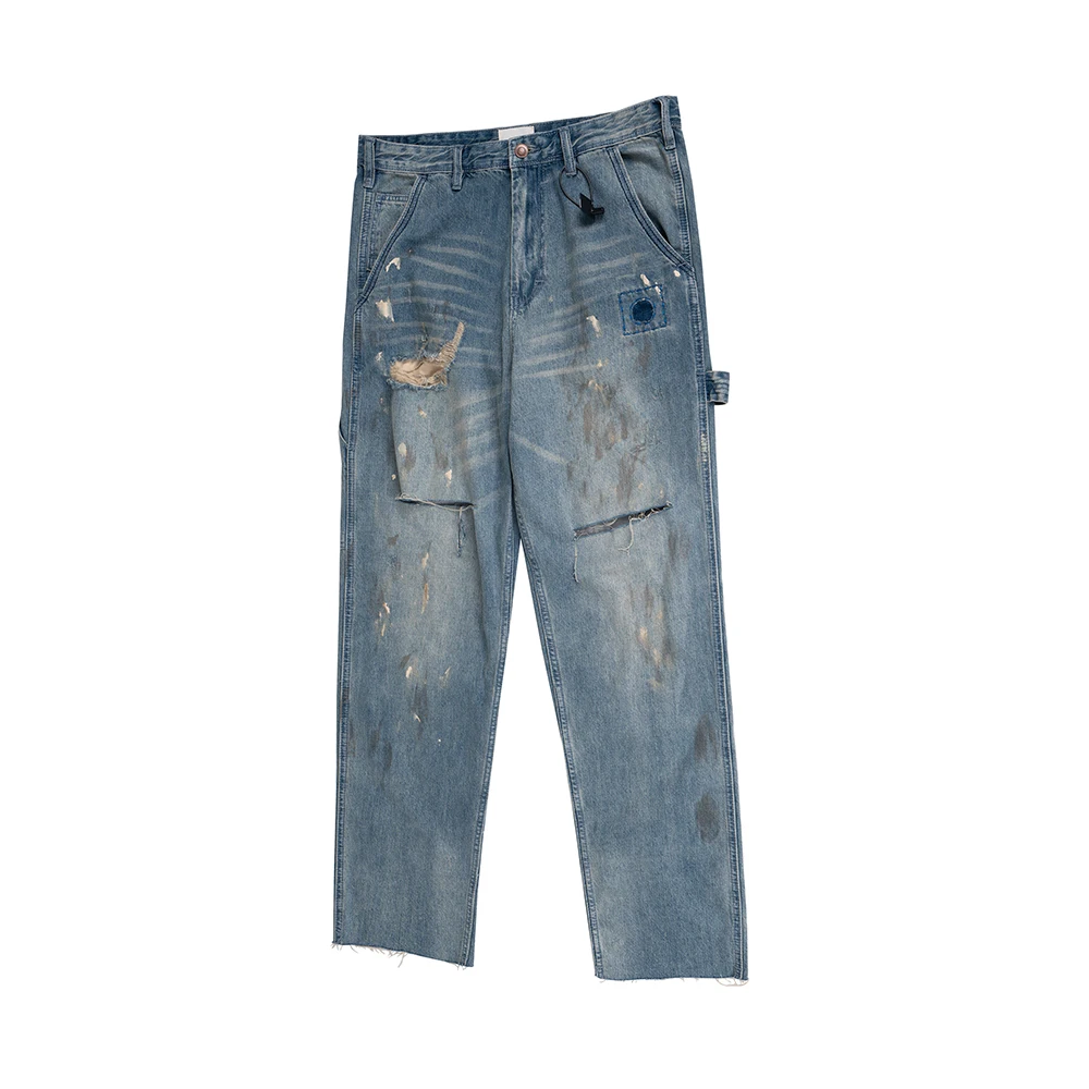 High Street Hole Distressed Splashed Ink Baggy Jeans for Men Straight Ripped Casual Loose Denim Trousers Oversized Unisex Cargos