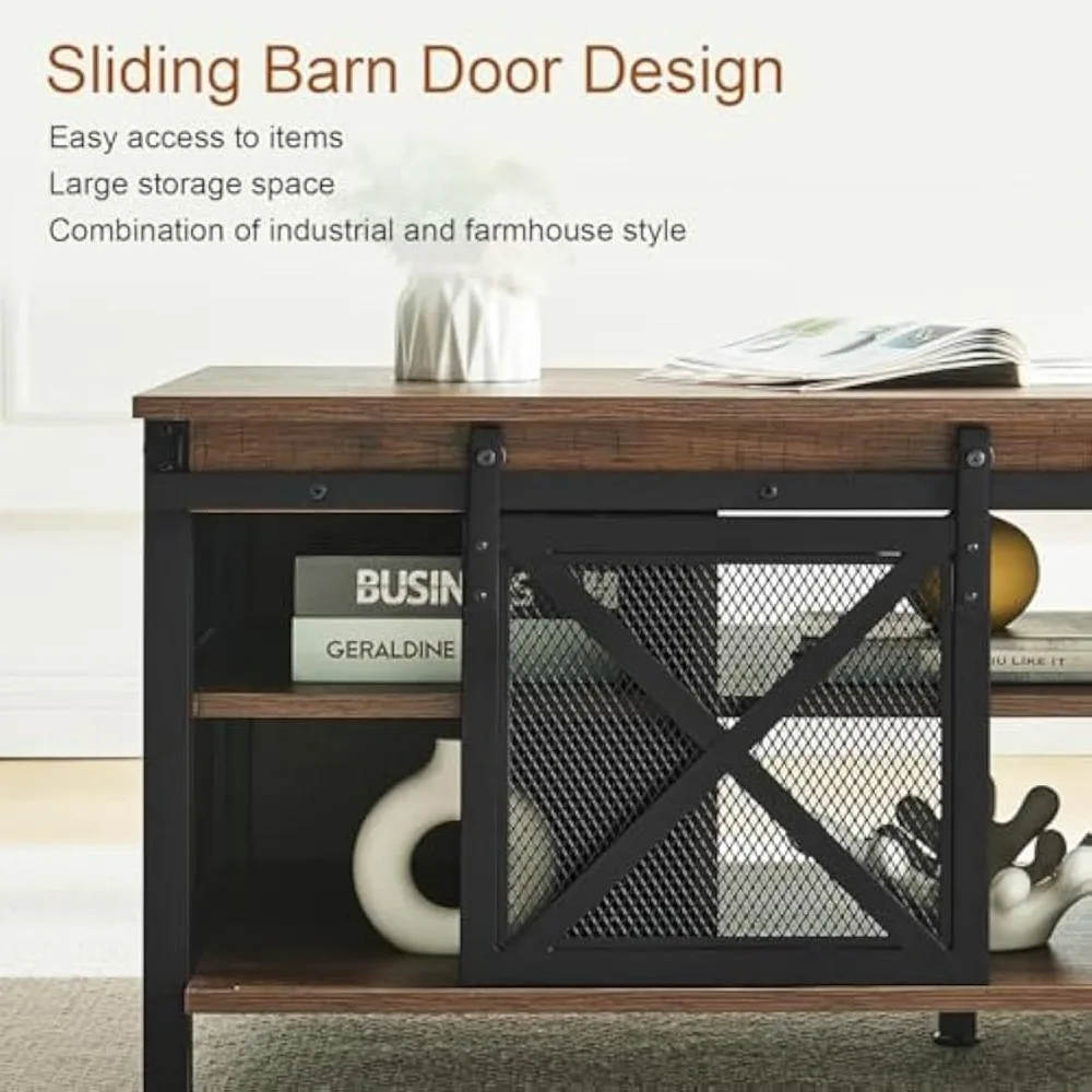 Coffee Table with Storage, 43" Rectangle Coffee Tables with Sliding Barn Doors, Rustic Low Living Room Desk with Cabinet 5