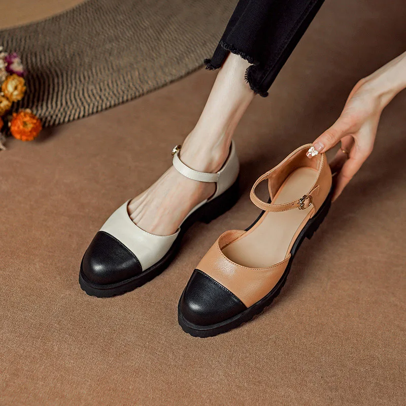 

Phoentin Round Toe thick high heels shoes 2023 summer retro sandals for Woman Genuine Leather pumps mixed colors sandals FT2390
