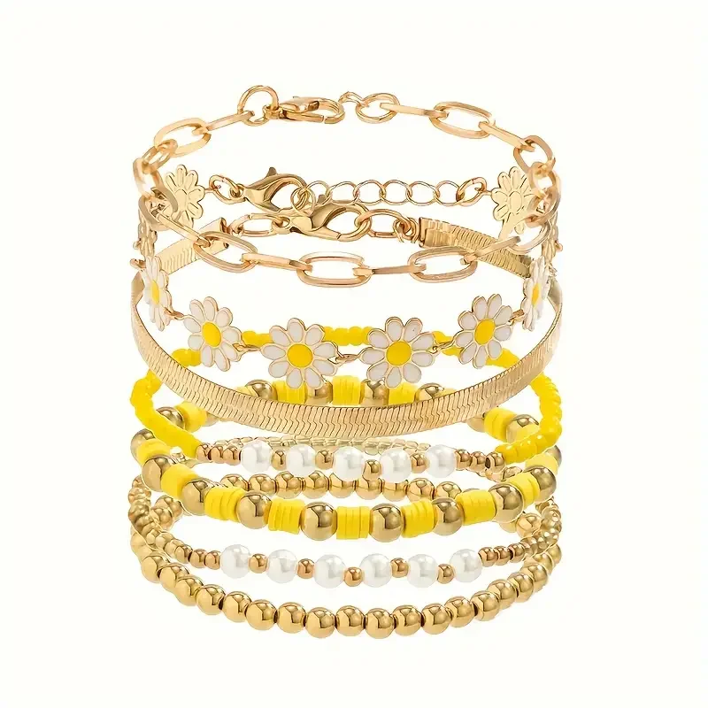 7 Pcs Yellow Daisy Flower Chain Bracelet Set Vintage Gold Color Pendant Beaded Bracelets Bohemian Delicate Handcrafted Jewelry