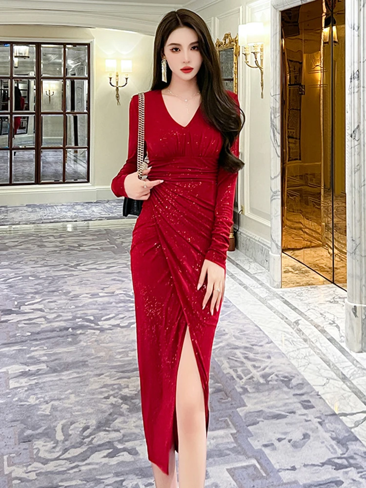 Elegant Fashion Evening Party Dresses for Women Sexy Shiny