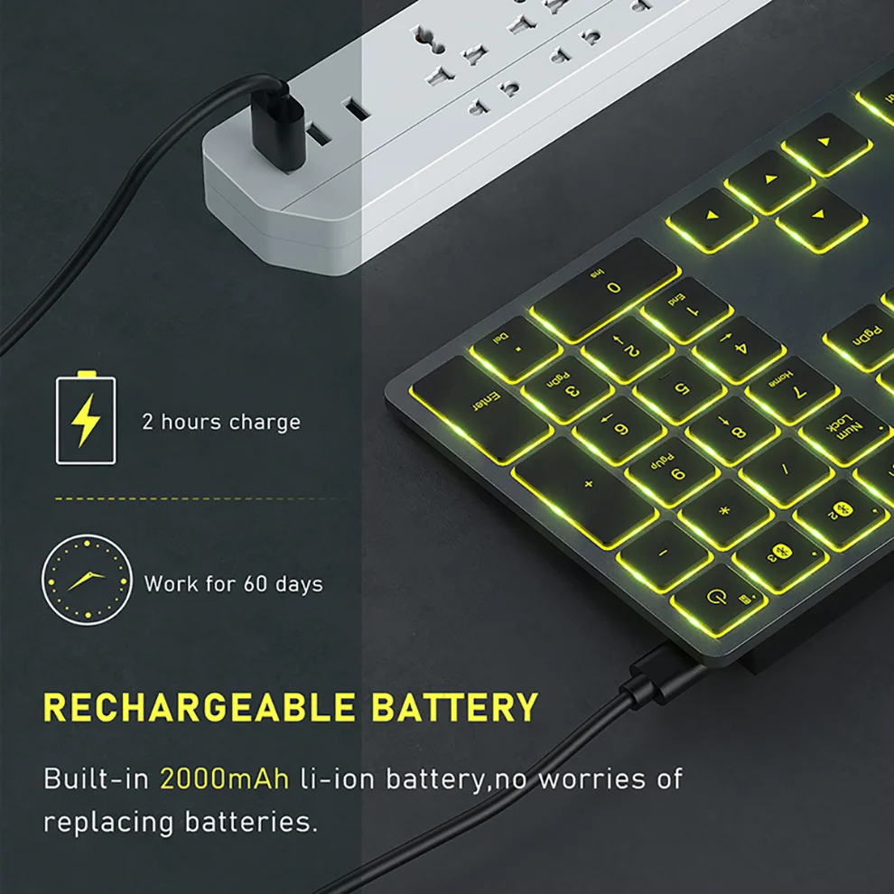 de Teclado Bluetooth Recarregável, 7 Cores Retroiluminadas, Tamanho Completo