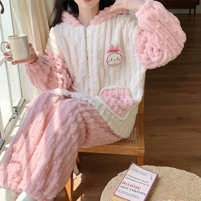 Women Nightclothes Autumn Winter Long Sleeve Coral Velvet Pajamas Female Cute Bear Zipper Homewear Hooded Warm Pajamas Suit 2024