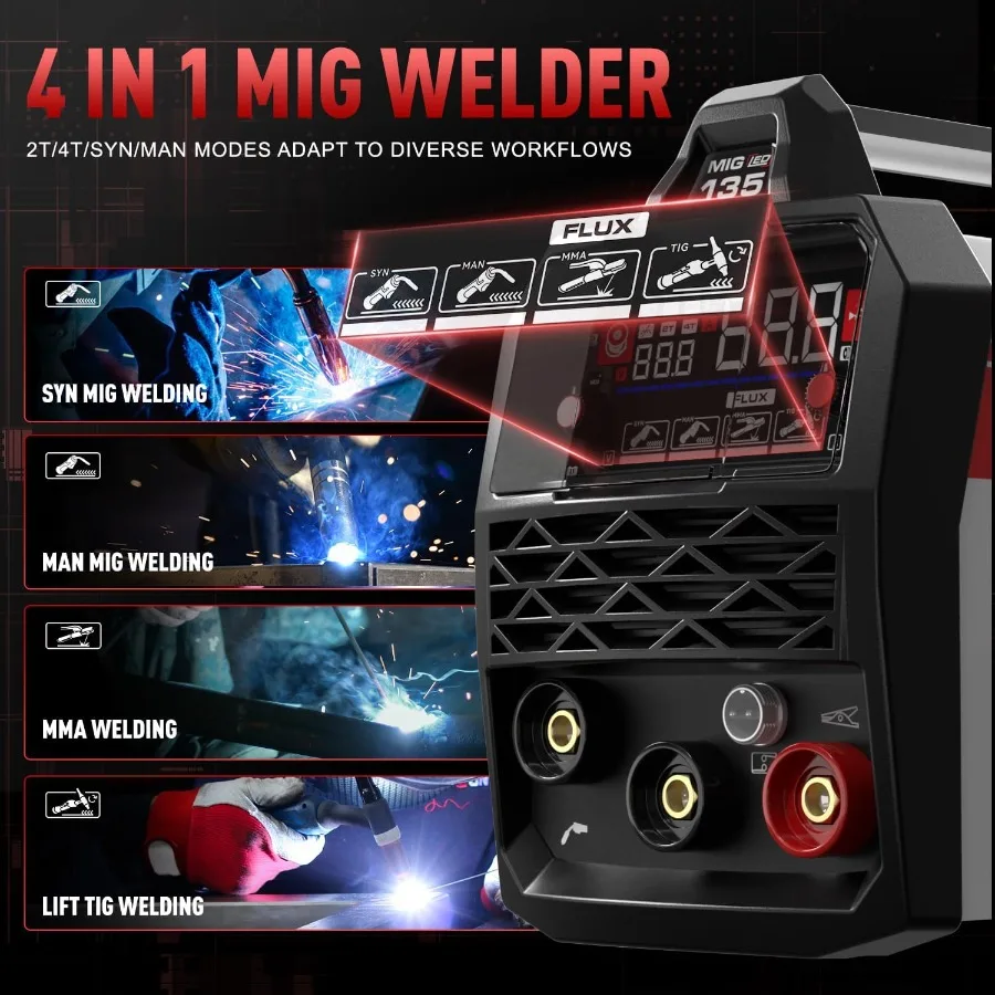 135A MIG Welder 110V/220V with Large LED Display for Industrial and DIY Applications 3-in-1 Multiprocess Welding Machine