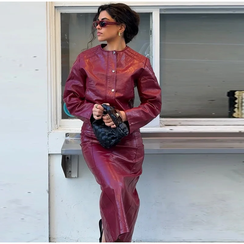 PU Leather Jackets Long Skirts Women's Set Vintage Solid O-Neck Jackets A-Lined Slim Fit Skirt Sets Female Chic Street Outfits