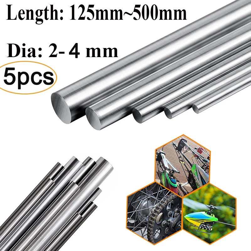 5pcs 2/2.5/3/4mm Diameter 304 Stainless Steel Rod 125/200/250/330/500mm Solids Round Shaft Rod Bars DIY Craft Model Car