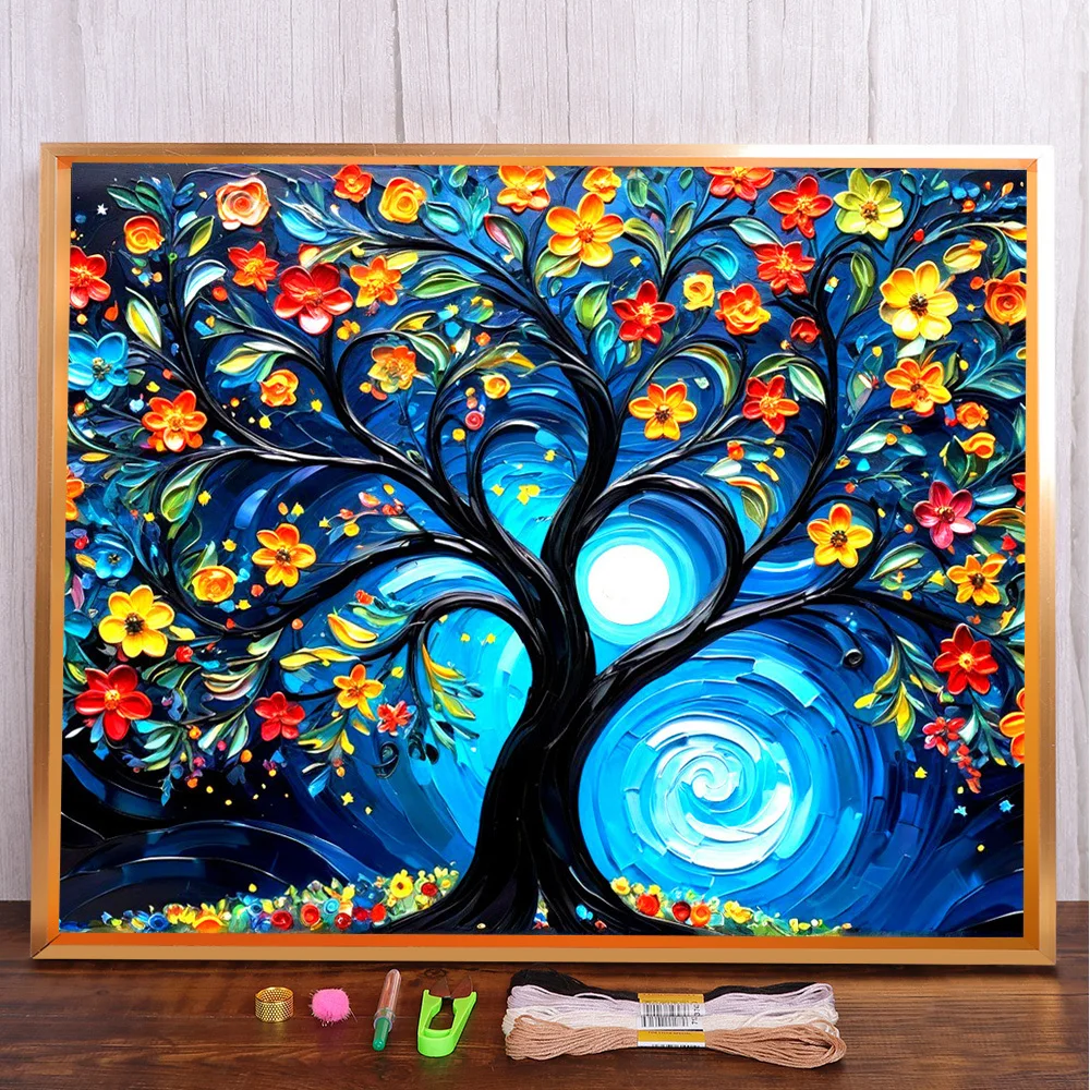 Landschaft Fantasie Baum gedruckt 11CT Kreuzstich Stickerei Kit DMC Fäden Hobby Nähen handgemachte Strickschmuck gestempelt Magie