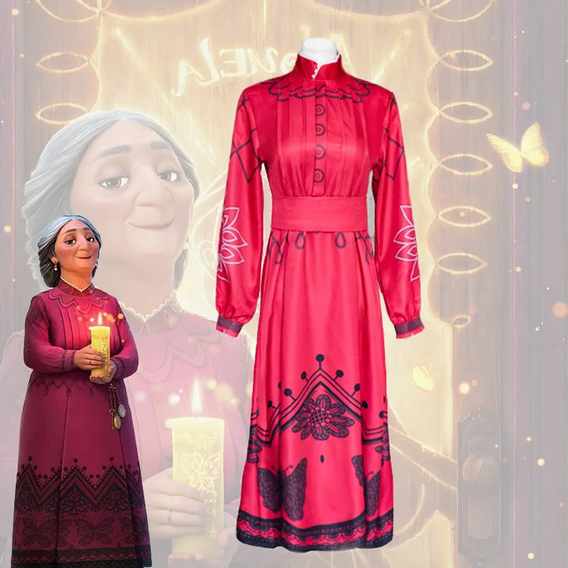 

Adult Movie Mirabel Grandmother Abuela Alma Cosplay Costumes Red Long Sleeve Dress Belt Outfit for Women Halloween Carnival Suit