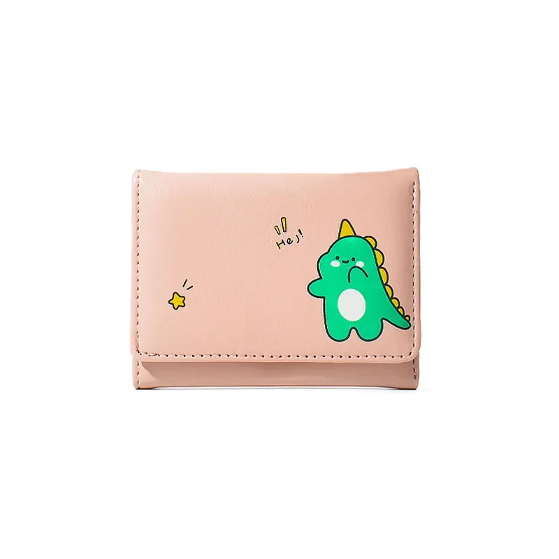 

New Cute Cartoon Female Short Purse Purse Purse Solid Color Button Three-fold PU Card Bag Student Bag