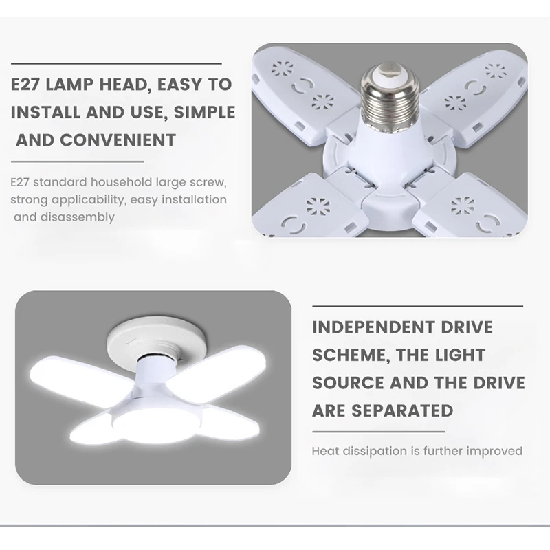 E27 LED 전구 85-265V AC, 천장 조명용 접이식 팬 모양 디자인, 차고 창고 조명, 3000K/6500K 주광색, 에너지
