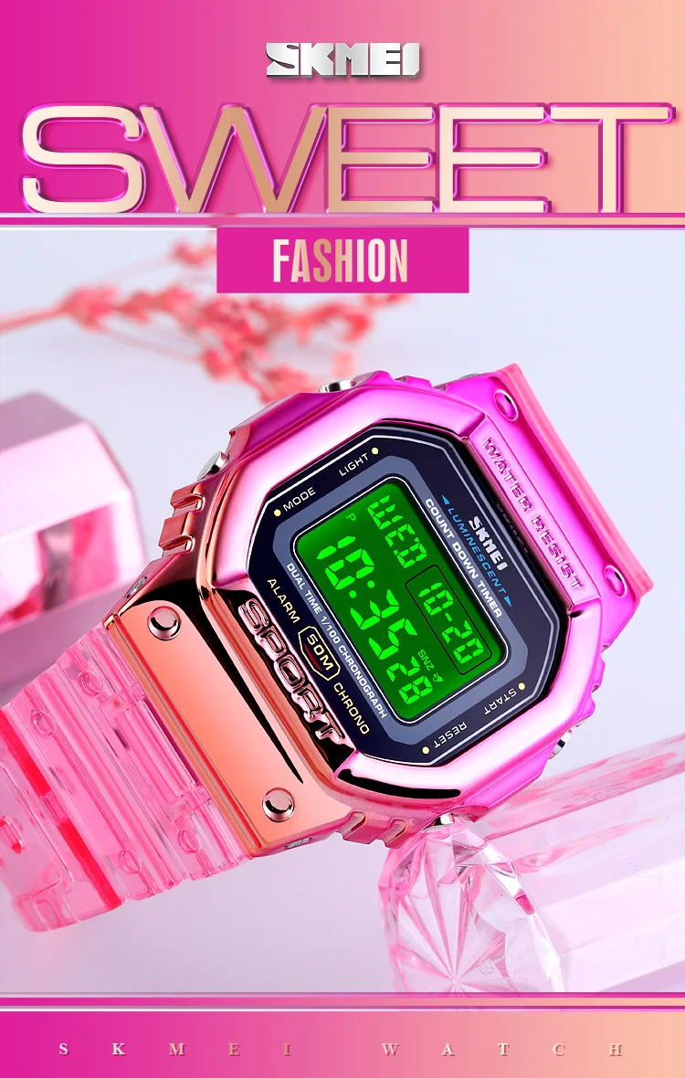 SKMEI 1622 Damen-Digitalarmbanduhr, galvanisiertes Gehäuse, stoßfest, Reloj Mujer, transparentes Armband, coole Damenuhren für Mädchen, 1999_voghion.com