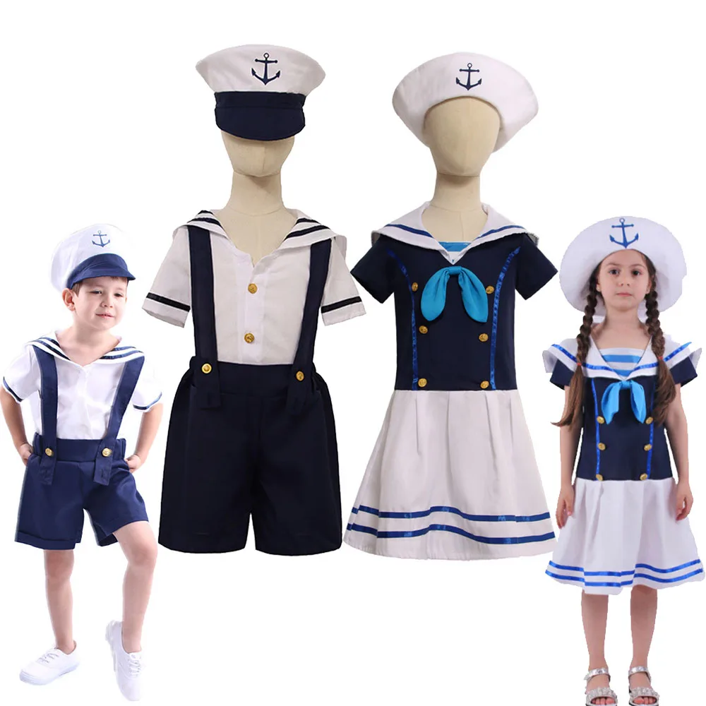 White Boy Girl Navy Officer Uniform Cosplay Kids Children Halloween velers Costume Carnival Purim Parade Stage Play Party Dress