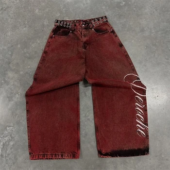 Y2K Casual Loose Jeans Vintage Letter Print Rivet Waist Belt Design Red High Waist Wide Leg Jeans Men Women Hip Hop Streetwear 1