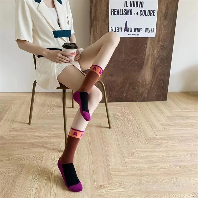 Womens socks Spring and Summer Fashion Socks Children's Personality Simple Rib Letter Lovely Colored Women's Cotton Medium Socks