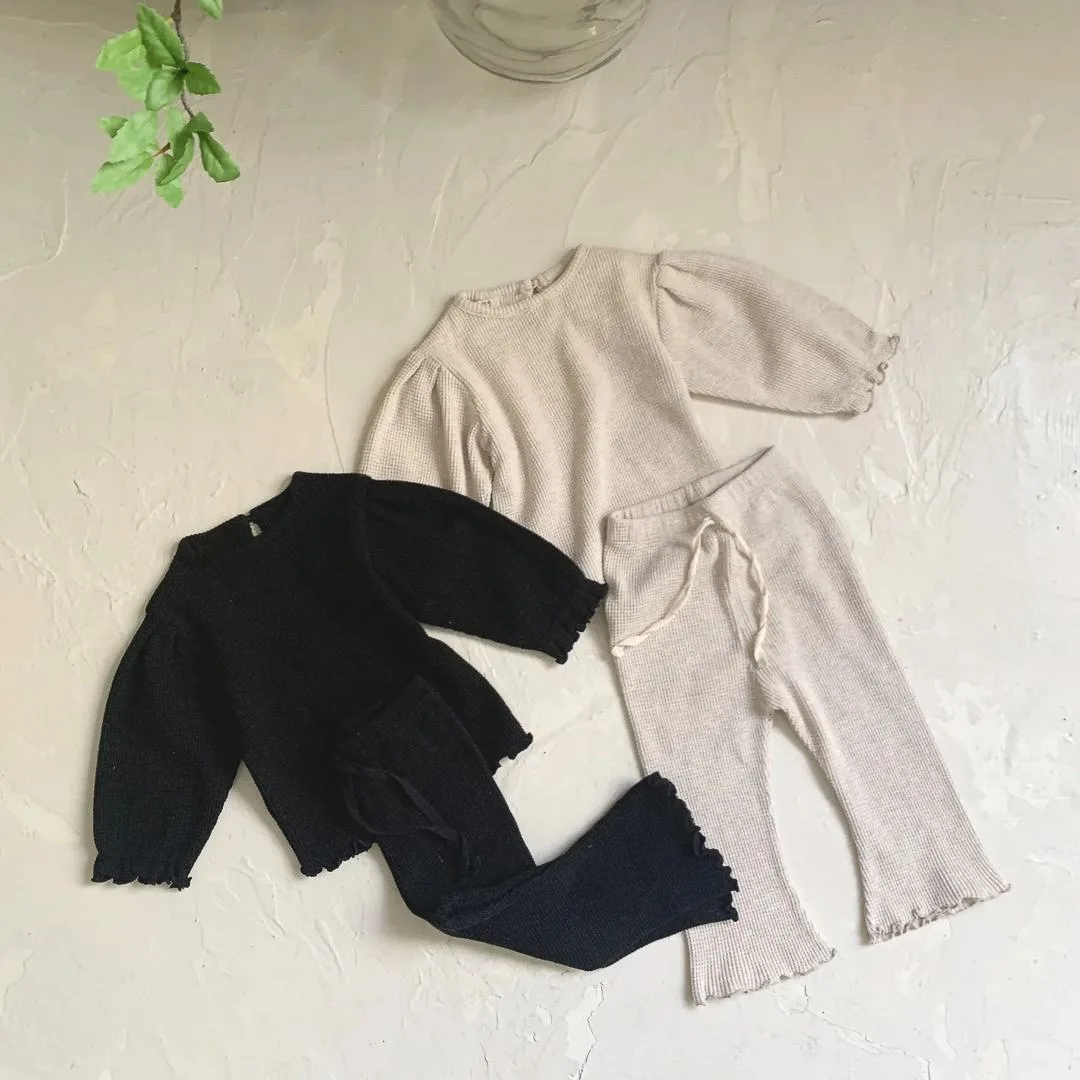 6914 Baby Clothing Set Autumn 2023 Korea Waffle Girl's Suit Long-sleeved T-shirt+ Wavy Hemmed Bell Bottoms Two Piece Suit 3
