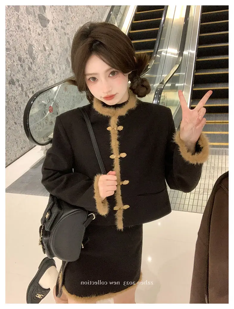Korea Two Piece Set Skirt Set Stand Collar Patchwork Button Vintage Jackets Tops Mini Sexy Short Skirts Preppy Female Outfits