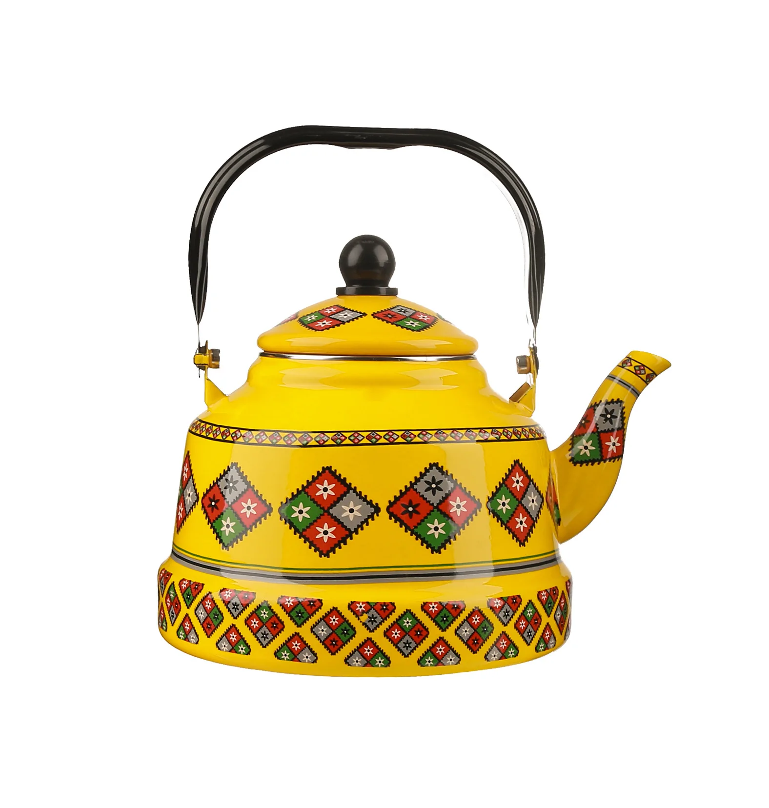 New Enamel White Squared Fabric Patterned Antique Bell Jug Red Tea Kettle Yellow Diamond Shaped Steel Handled Kettle