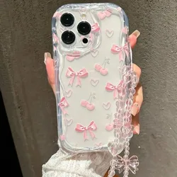 Charming Pink Bow Clear Phone Case with Lanyard - Cute Silicone INS Cover - iPhone 15 Plus (TM - T4469 - PJ11)