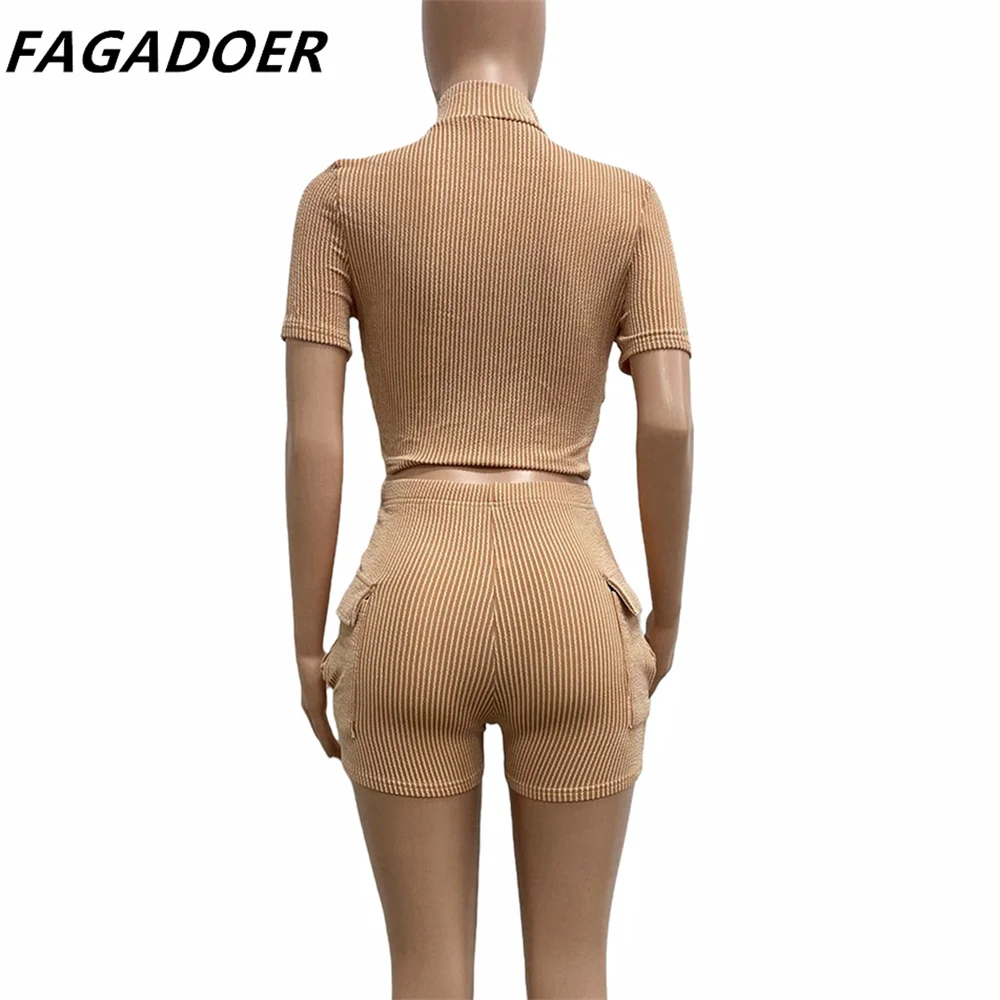 FAGADOER Summer New Solid Skinny Shorts Two Piece Sets Women V Neck Zip Short Sleeve Crop Top And Shorts Outfits Female Clothing