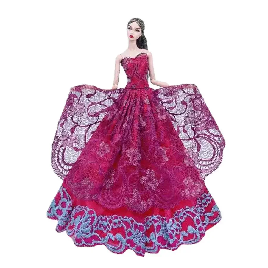 1/6 Fashion Wine Floral Off Shoulder Wedding Dresses Princess Clothes For Barbie Doll Outfits Party Gown 11.5