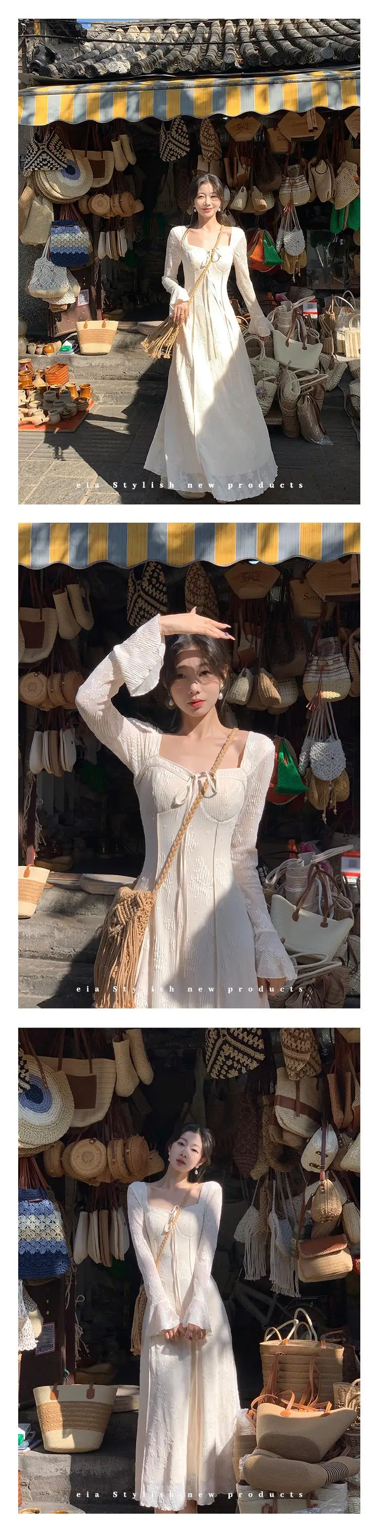 Women's Solid Midi Dress Flare Sleeves Square Collar A-Line Lace Up Autumn Spring French Elegant Vintage Prom Robe Vestidos New