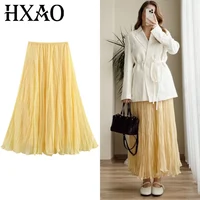 HXAO Women's Skirt Yellow Pleated Skirt Summer 2025 Midi Ruffle High Waist Long Skirts For Women Elegant Casual Vacation Skirts