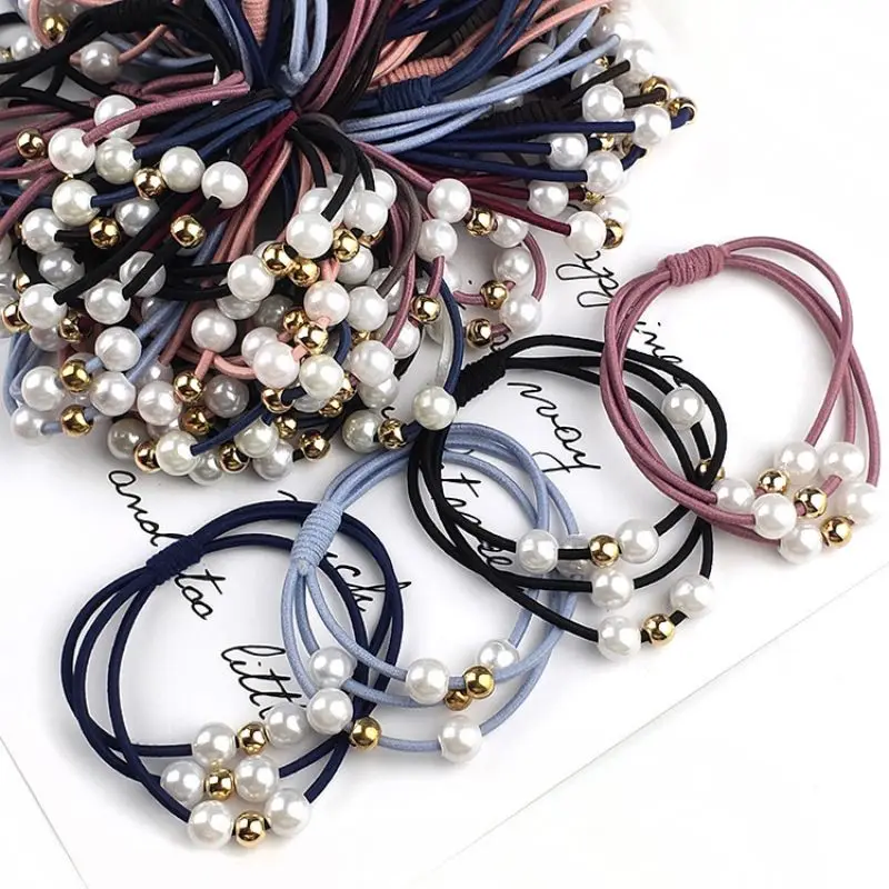 

Wholesale Three Lines in One Pearl Style High Elastic Rubber Band Multicolor Choice Ponytail Women Hair Accessories Hair Rope