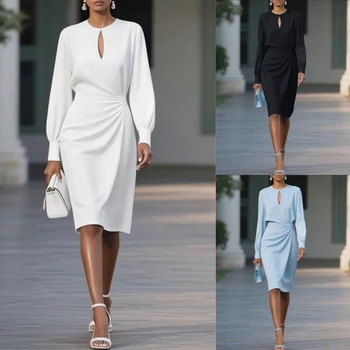 Elegant Woman Dress  O Neck Hollow Out Long Sleeve Office Dress Women Slim A-Line Party Long Dresses 1