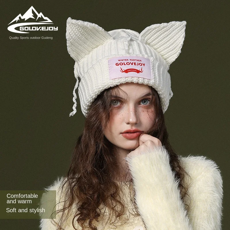 

Autumn Winter women's Woolen Knitted Hat Girls Warm Out Thin Stripes Cute Cat Ears Niche Hundred With Cold Cap Free Shipping