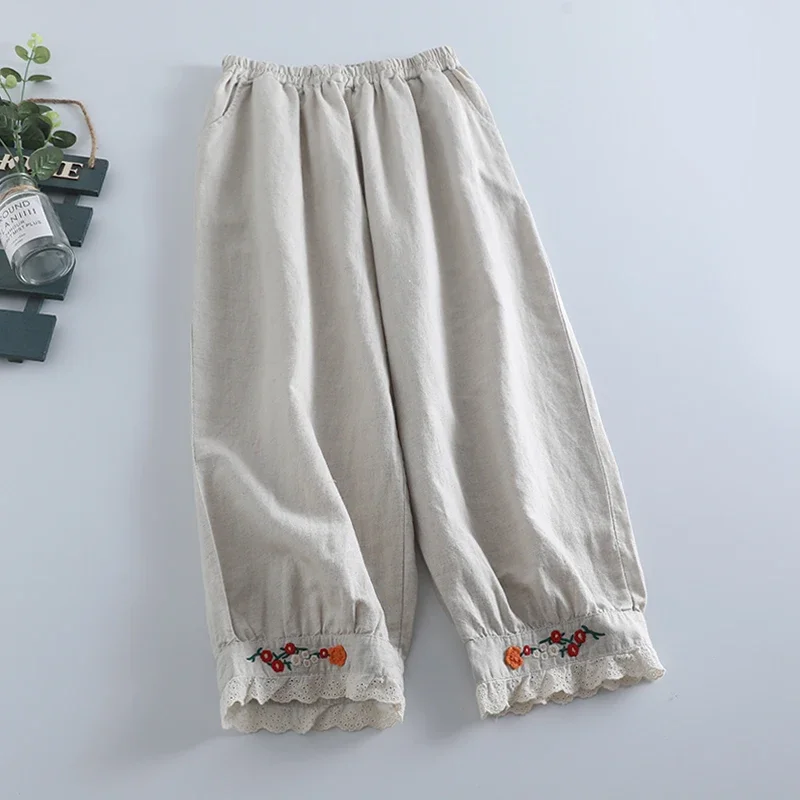 Japan Style Mori Girl Sweet Embroidery Cotton Linen Haren Pants Women Casual Loose Elastic Waist Trousers