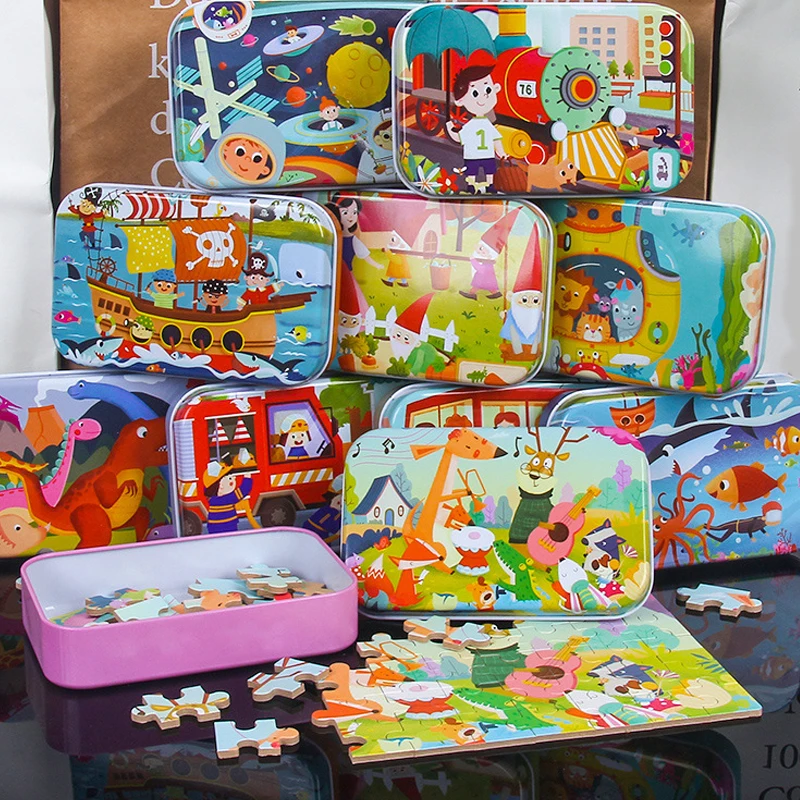 Cartoon Girl Boy Children Toddler Wooden Game Puzzle Paper Puzzle Iron Box 60 Metal Tin Box Children's Toy Holiday Gift