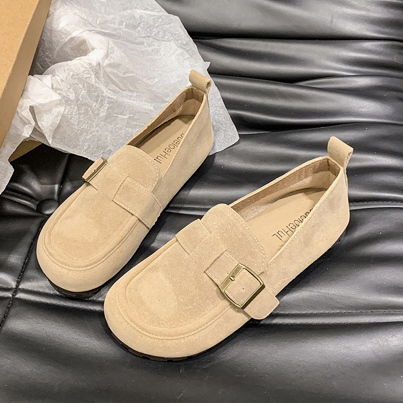 Aphixta Khaki Classic Flats Shoes Women Cotton Fabric Buckle Loafers Shoes Slip On Woman Flat With Student Footwear