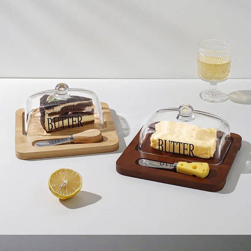 Wood Butter Dish With Glass Lid And Knife