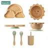 1Set Baby Bamboo Sucker Plates Cups Fork Spoon BPA Free Silicone Non-slip Tableware Children's Feeding Dishes Infant Birth Gifts 1