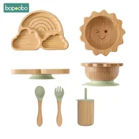 1Set Baby Bamboo Sucker Plates Cups Fork Spoon BPA Free Silicone Non-slip Tableware Children's Feeding Dishes Infant Birth Gifts 1