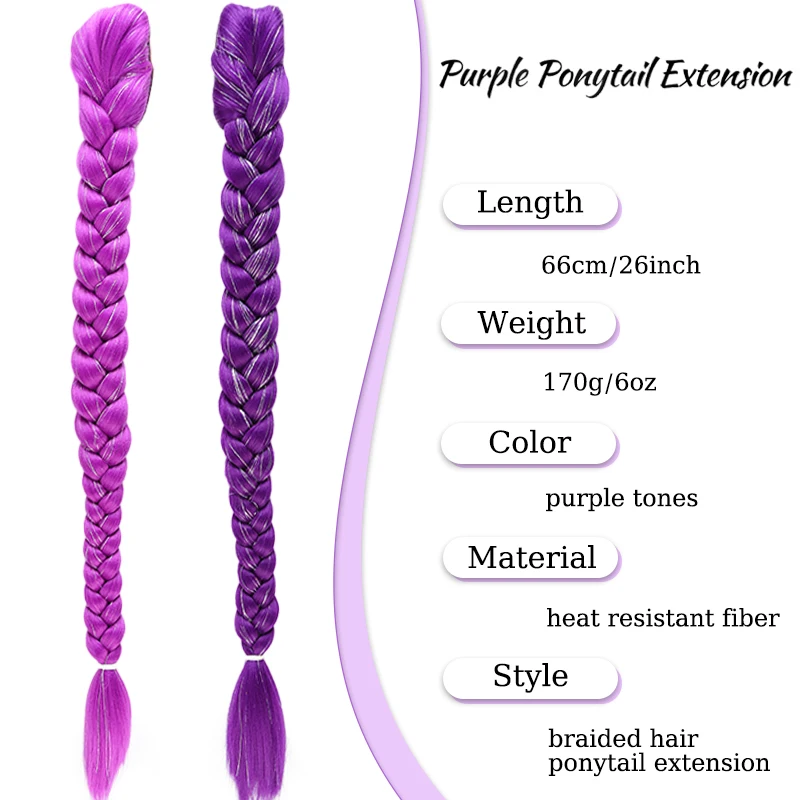 Purple Braided Hair Ponytail Extensions for Kids Shiny Purple Braids with Tinsel Hair for Kids Party Cosplay Use Purple Wig Hair