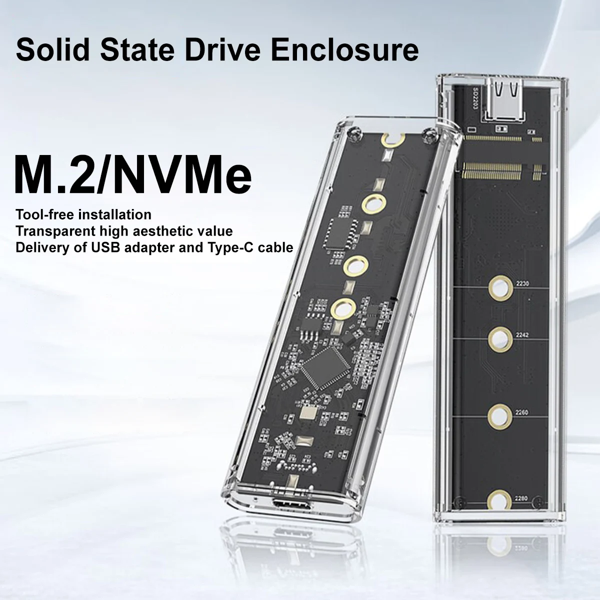 투명한 M.2 NVMe SSD 인클로저 툴프리 USB C 3.1 Gen2 10Gbps - 2230/2242/2260/2280 M2 NVMe SSD용 NVMe PCIe 외부 박스