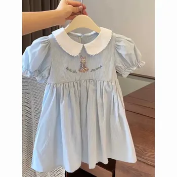 Abito da bambina a maniche corte Abito estivo Nuovo abito da coniglio a righe alla moda con maniche a palloncino per bambini ricamato