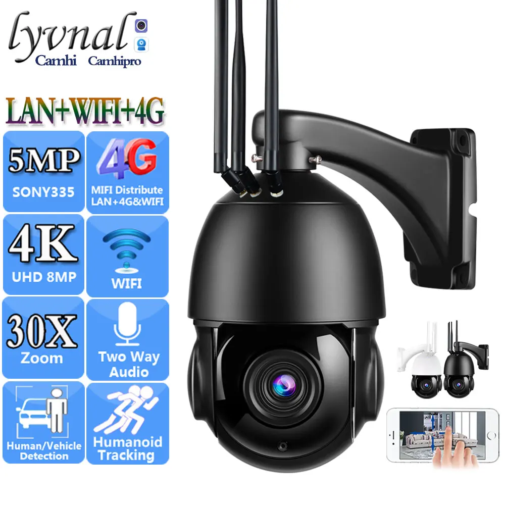 UHD 4K 8MP Sony415 3G 4G SIM Card Wireless Security IP Camera Wifi PTZ Dome 30X Auto Zoom Outdoor Two Way Audio Human Tracking