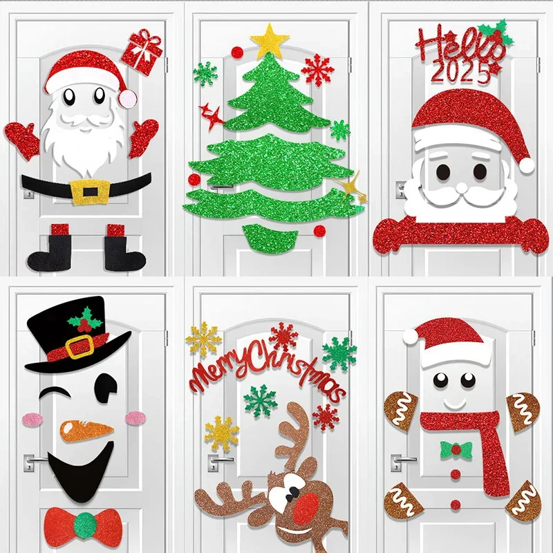 Christmas Door Stickers Christmas Tree Santa Claus Elk Decoration Scene Sticker For Window Wall Door Xmas Home Decor