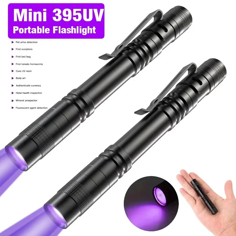 Uv Flashlight 365nm UV Flashlight Ultraviolet Torch With Pen Clip Portable Violet Light Pet Urine Scorpion Detector UV Lamp Use AAA Batteries