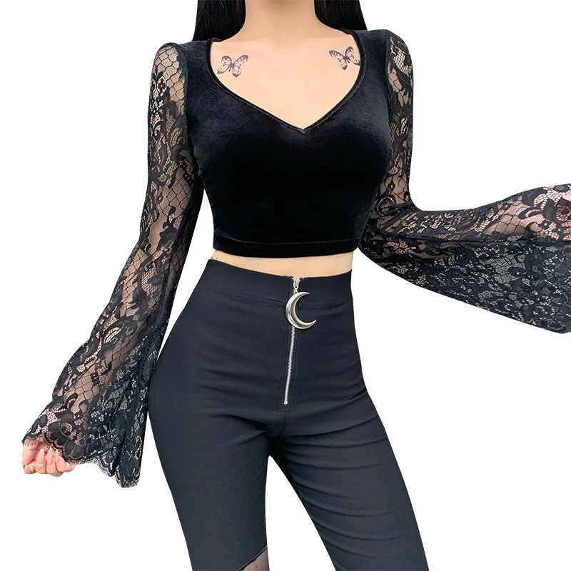 Top gótico de encaje oscuro con manga acampanada, Top ajustado Sexy con  cuello en V, Tops cortos góticos, ropa Vintage Harajuku elegante para mujer  - AliExpress