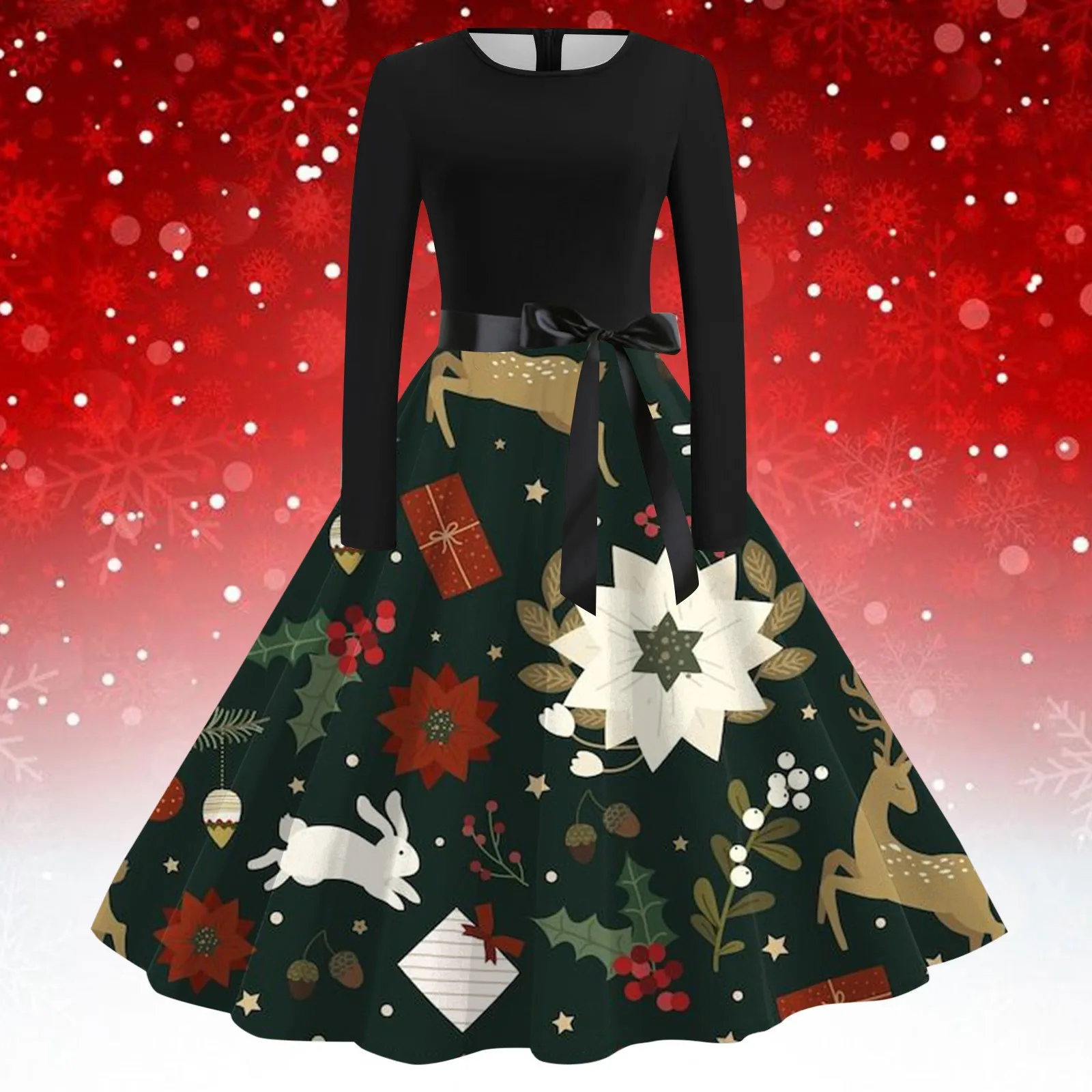 

Christmas Mid-Long Dresses Women O-Neck Long Sleeve Printed Evening Party Vestidos Vintage Big Swing Belt Tunic Pullover Dress