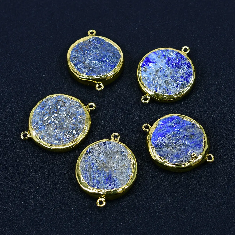 APDGG 5 Pcs Natural Big 29MM Blue Lapis Lazuli Rough Raw Coin 24K Gold Plated Bezel Sets Connector Pearl Necklace Pendant DIY