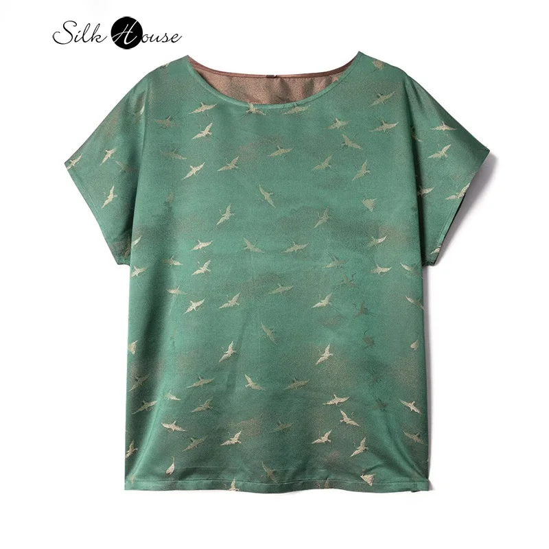 

2024 Women's Summer New 100% Natural Mulberry Silk Song Brocade New Chinese Green Crane Printed Temperament T-shirt