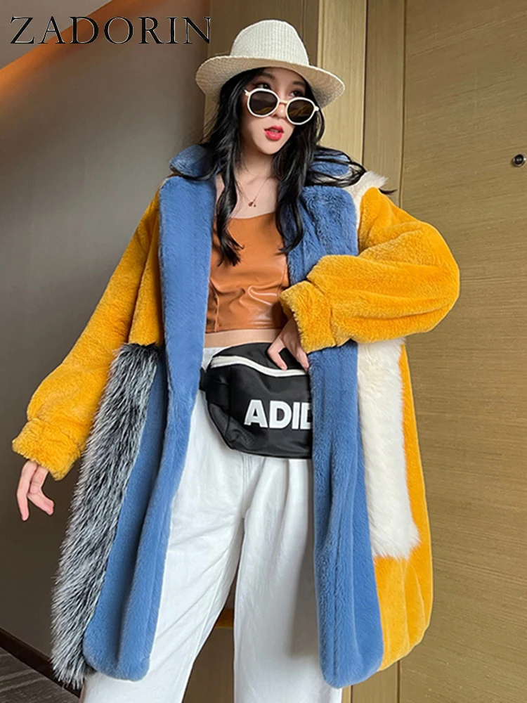 ZADORIN 2025 Winter Faux Fur Jackets for Women Furry Warm Splicing