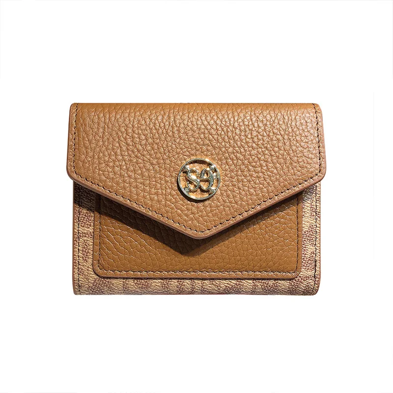 Two-tone Short Wallets Women Genuine Leather Wallets Original Design Cowhide Billfold Fashion Letter Printing Purse Box