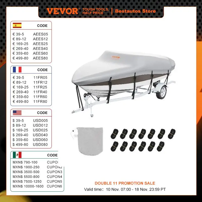 Boat cover,fishing boat cover VEVOR boat cover 17'-19' trailerable waterproof boat cover 600D marine grade PU Oxford with motor and buckle straps grey