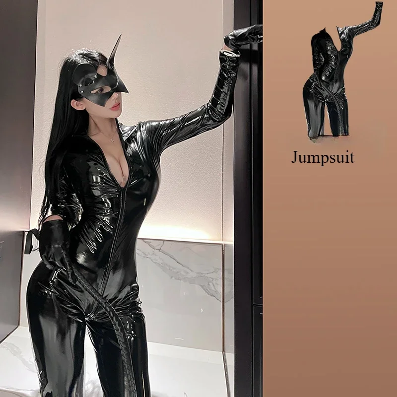 Halloween Catwoman Leather Jumpsuit Nightclub Queen Role Play Bunny Girl Uniform Adult Party Stage Performance Outfit Costume