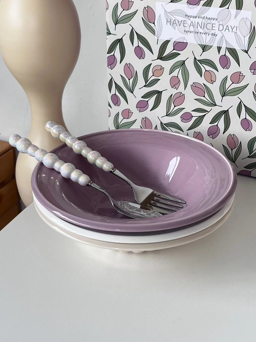 Round Ceramic Deep Plate Fruit Vegetable Salad Straw Hat Disc Korean Solid Colour Pasta Dinner Platter Western Corn Chowder Dish